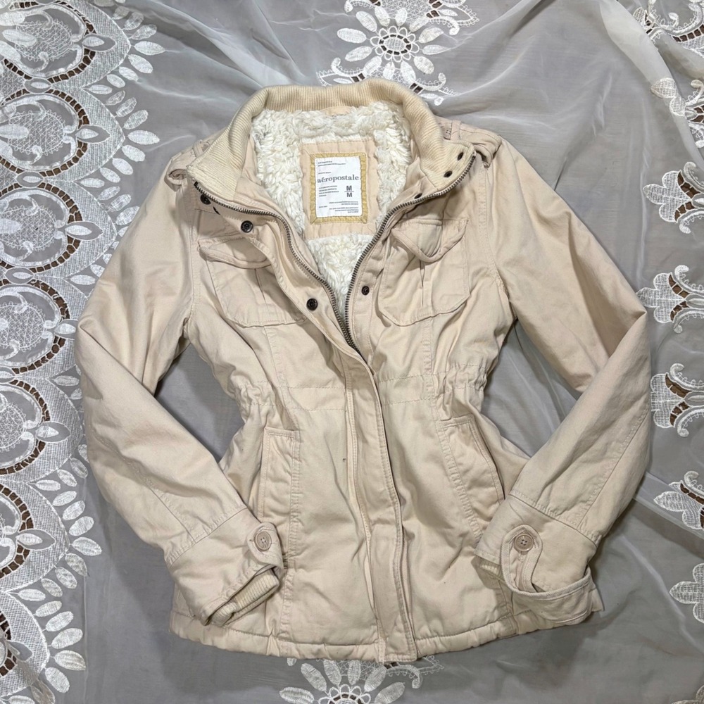 Aeropostale Y2K Bella Swan Fall Tan Khaki Faux Fur Sherpa Lined Utility  Jacket